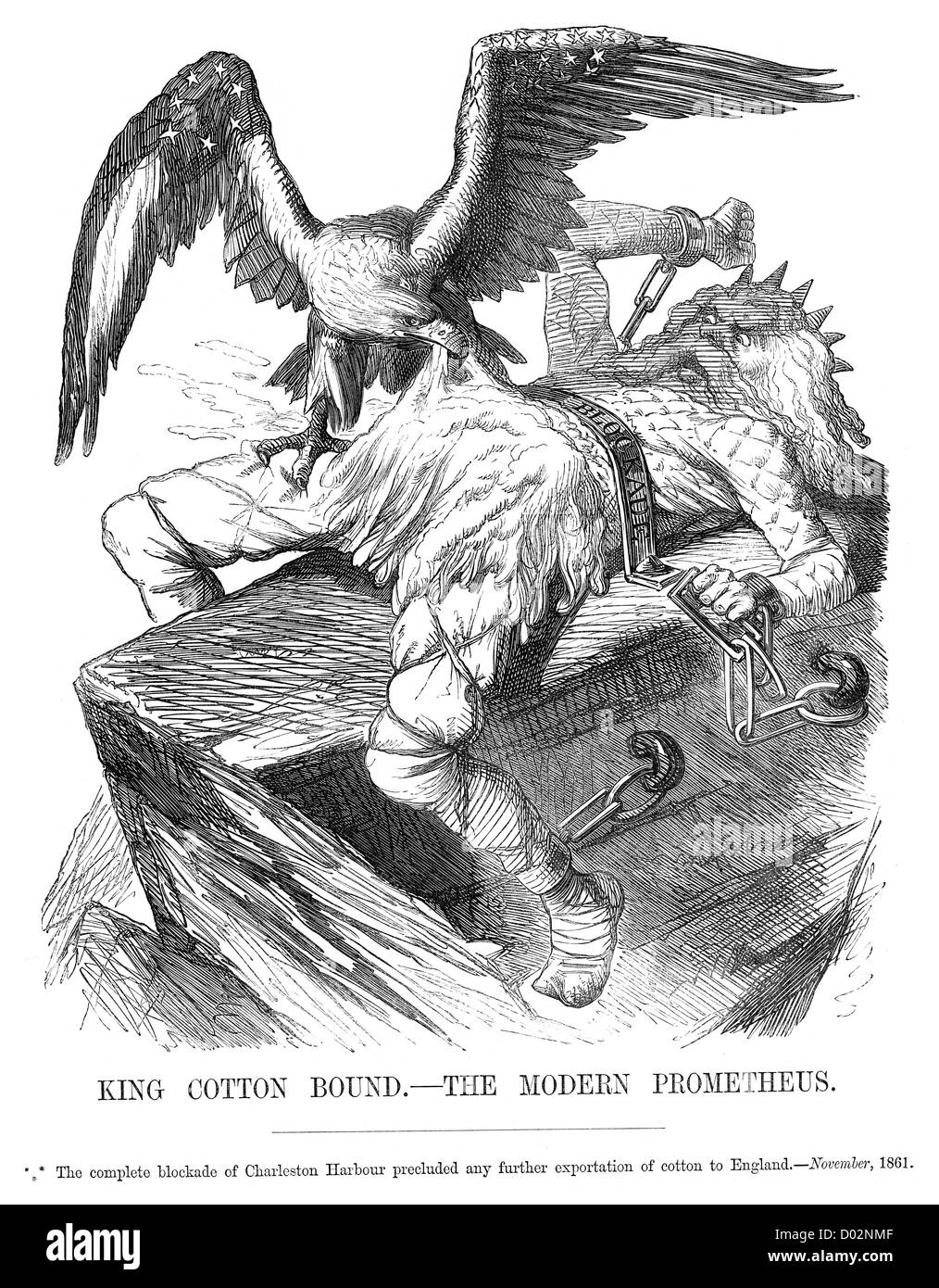 König Baumwolle gebunden das moderne Prometheus. Politische Karikatur über die Blockade von Charleston Hafen während des amerikanischen Bürgerkrieges Stockfoto