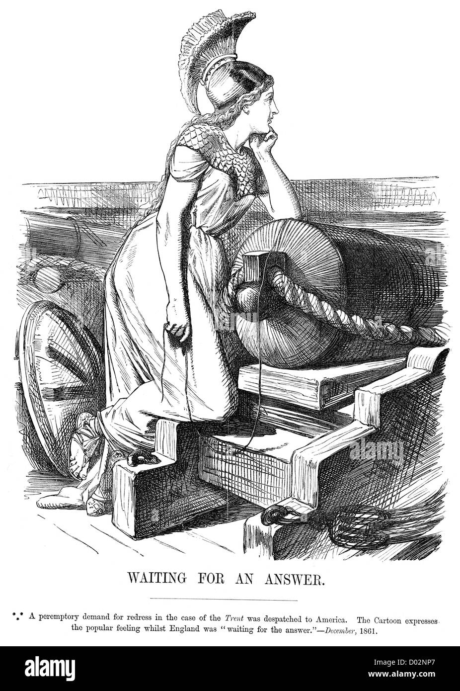 Warten auf eine Antwort. Politische Karikatur über die Trent-Affäre während des amerikanischen Bürgerkrieges, Dezember 1861 Stockfoto