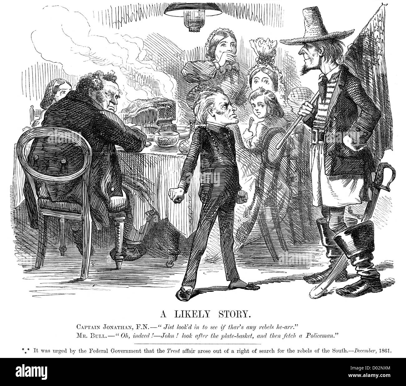 Eine wahrscheinliche Geschichte. Politische Karikatur über die Trent-Affäre, während des amerikanischen Bürgerkrieges, Dezember 1861. Stockfoto