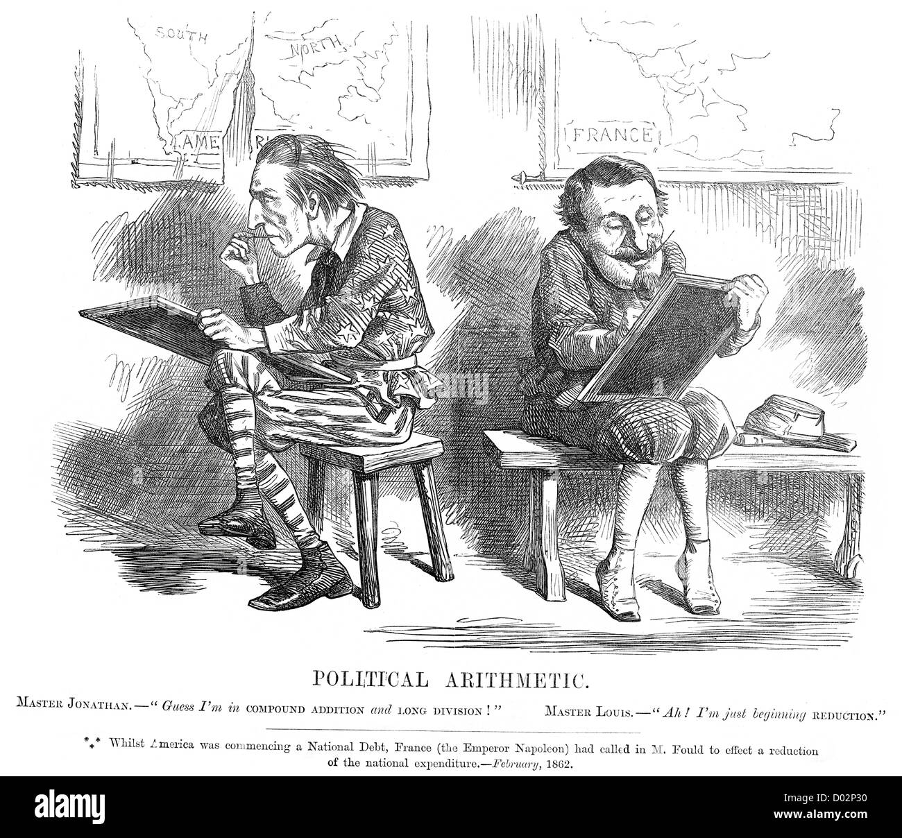 Politische Arithmetik. Politische Karikatur über Amerika und Frankreich und ihre Staatsschulden, Februar 1862 Stockfoto