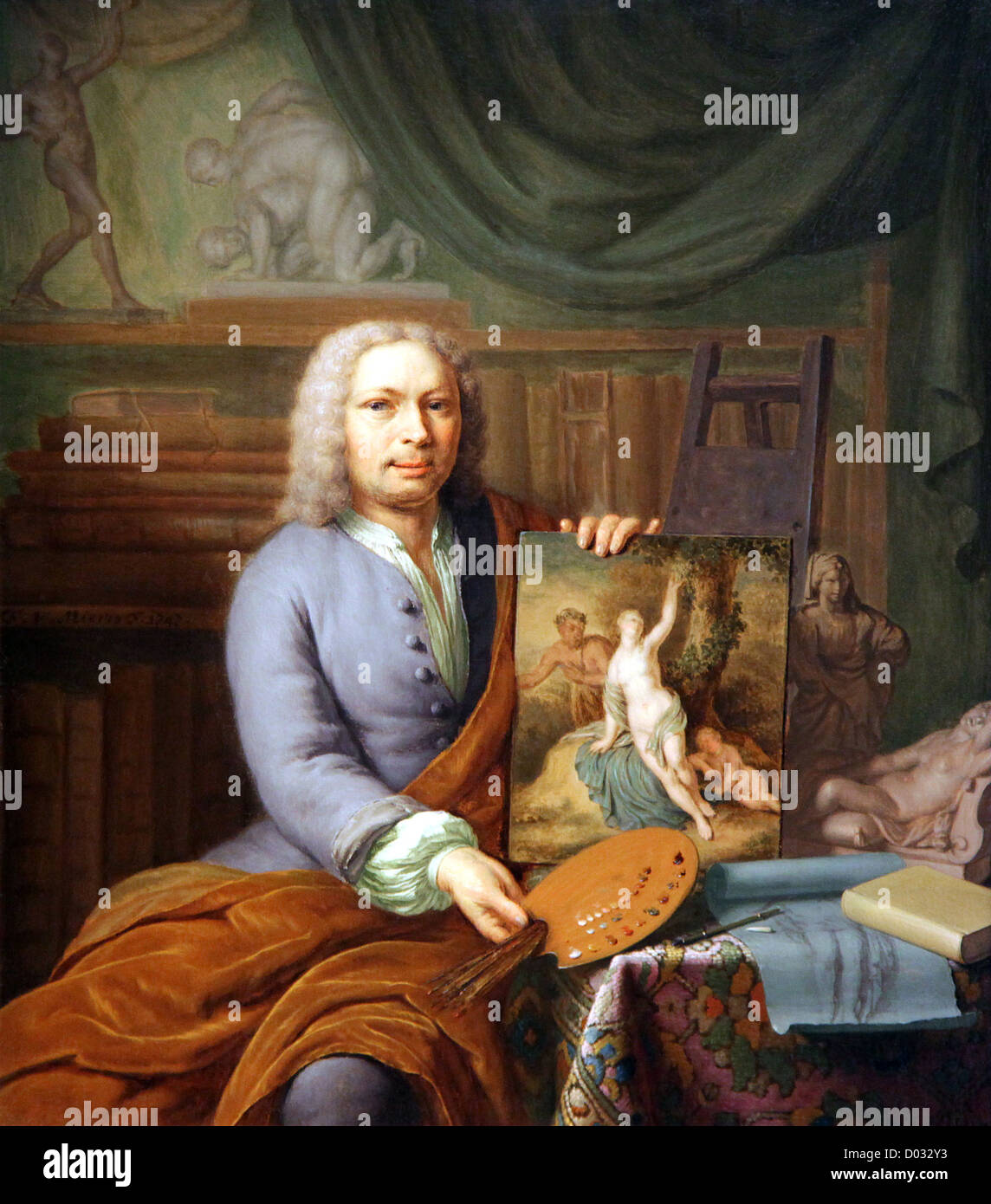 Selbstporträt des niederländischen Malers Frans van Mieris des Jüngeren, datiert 1747. Eine formale Darstellung des Künstlers im 18. Jahrhundert. Stockfoto