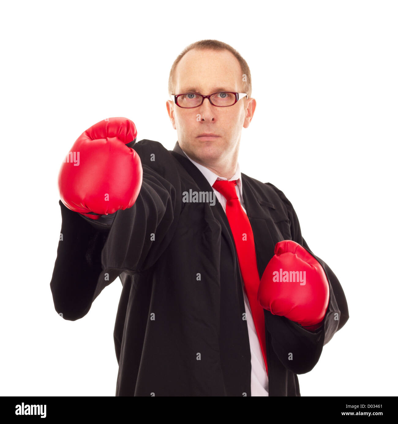 Rechtsanwalt mit Boxhandschuhen Stockfoto