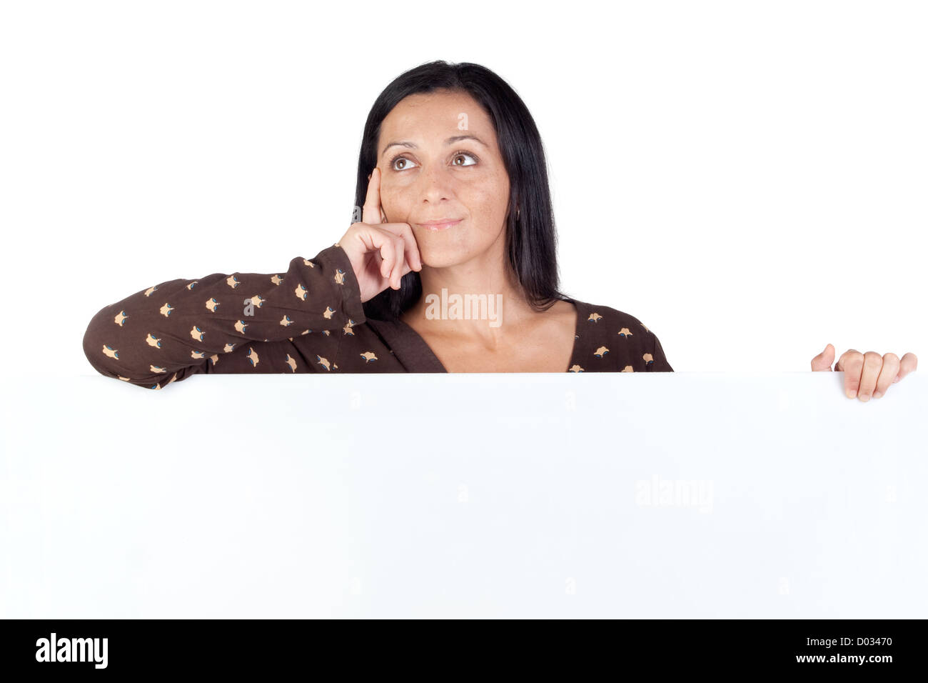 Attraktives Mädchen mit leere Plakat isoliert auf weißem Hintergrund Stockfoto