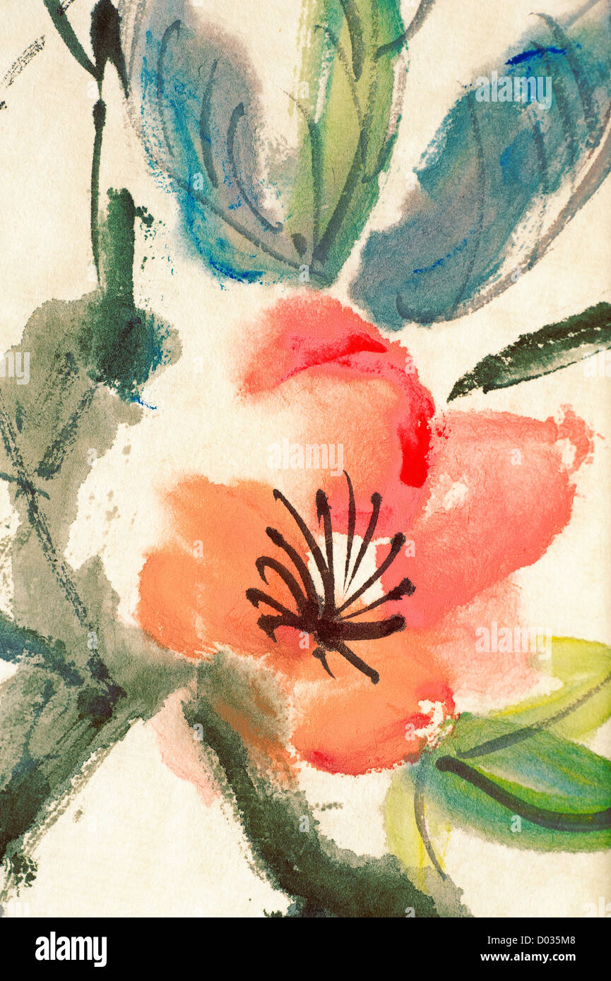 Bunte chinesische Malerei, Blumen und Blätter, auf Kunstdruckpapier. Stockfoto
