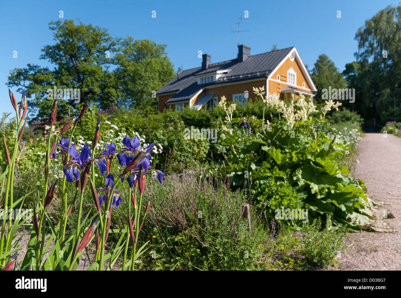 Traditionellen hölzernen Stil finnische Haus und Garten in Annala, Helsinki, Finnland Stockfoto