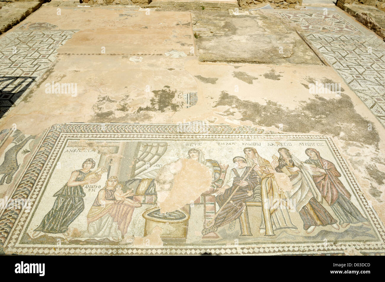 Alten Nea Paphos, römische Ruinen, Villa Thesus, Mosaik aus das erste Bad des Achilles, Paphos Stockfoto