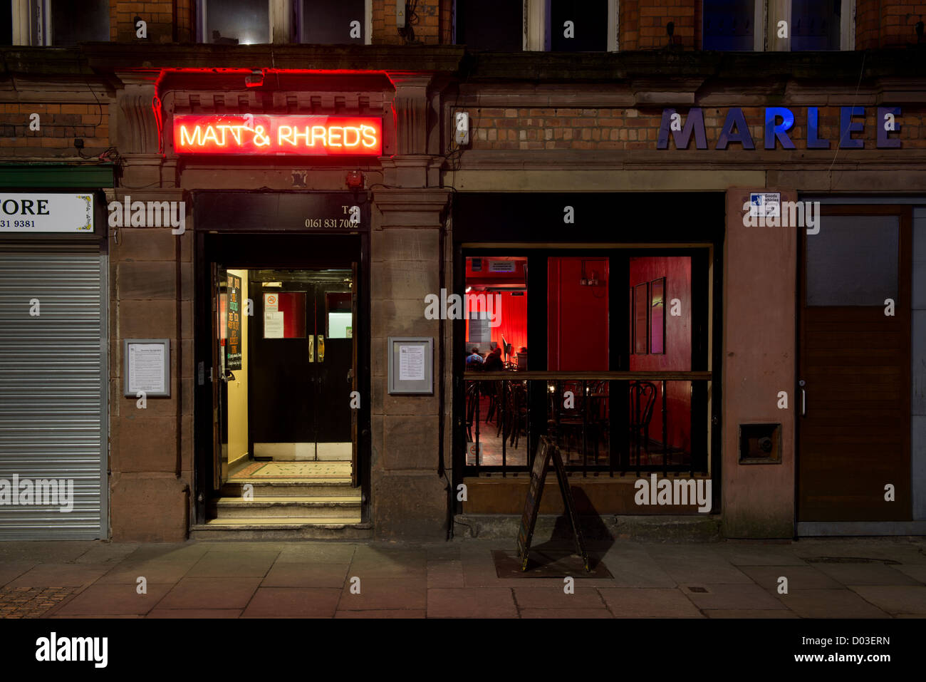 Externe Aufnahme der Eingang von Matt und Phreds jazz-Bar an der Tib Street im Northern Quarter, Manchester. Stockfoto