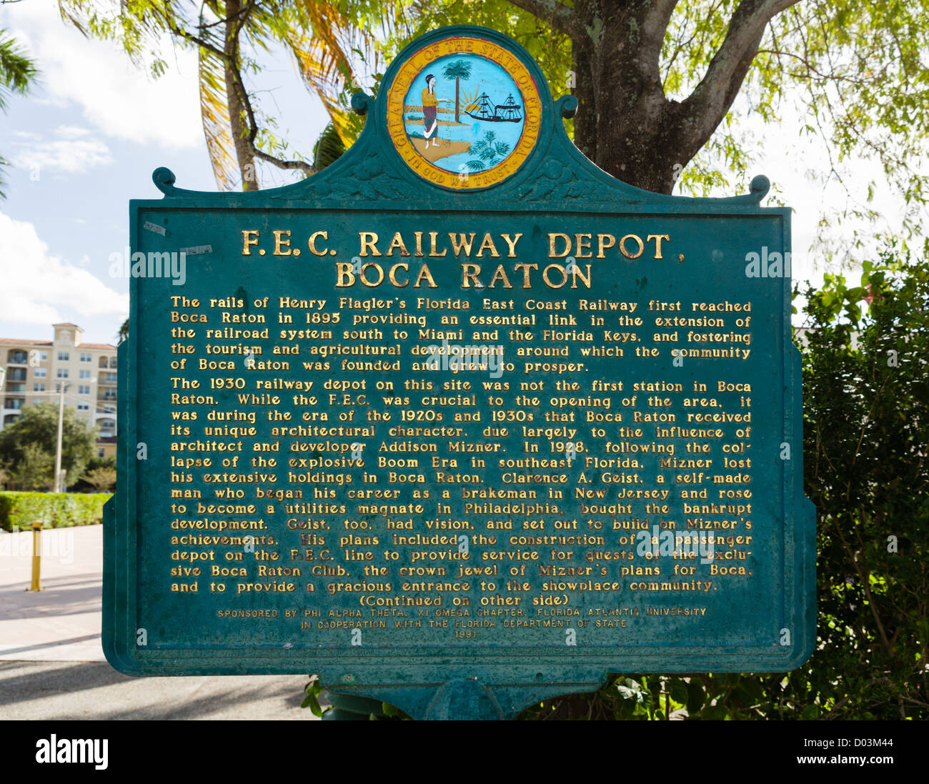 Plakette außerhalb der historischen Florida East Coast Railway Station, jetzt die Boca Express Train Museum, Boca Raton, Florida, USA Stockfoto