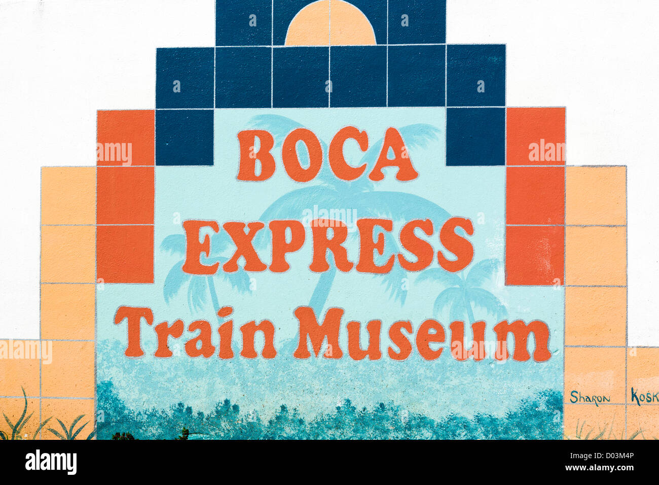 Anmeldung außerhalb der historischen Florida East Coast Railway Station, jetzt die Boca Express Train Museum, Boca Raton, Florida, USA Stockfoto