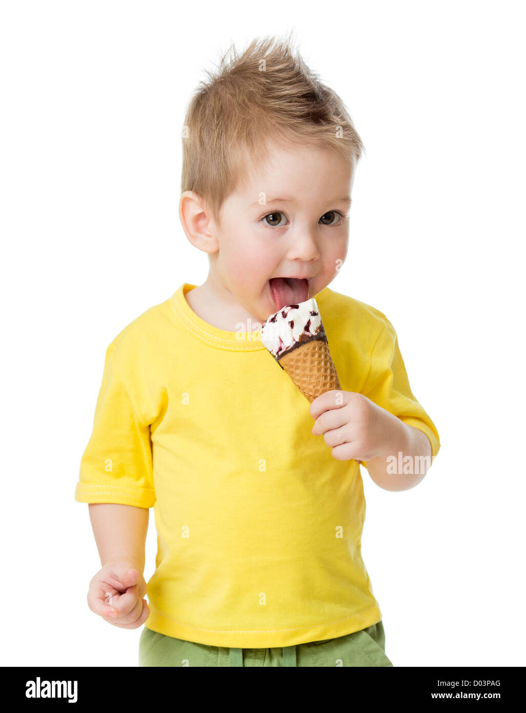 Kind, Essen und lecken Eis isoliert auf weiss Stockfoto