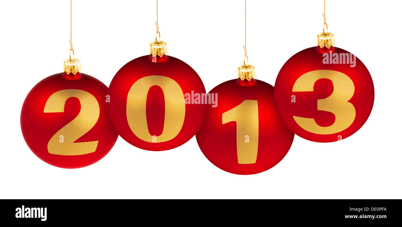 2013 neues Jahr Ziffern machte der Weihnachtsbaum Dekoration rote Kugeln auf weiß isoliert Stockfoto