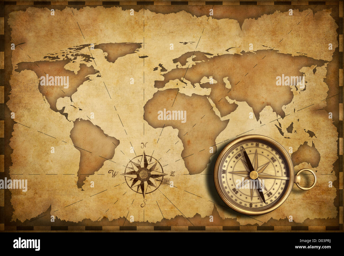 Alter Messing antik nautischen Tasche Kompass mit alten Karte Stockfoto