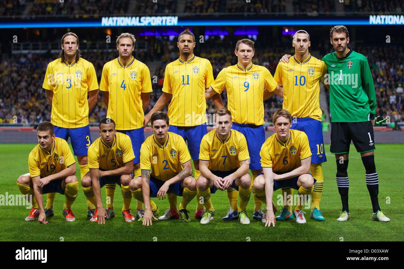 14.11.2012 Stockholm, Schweden. Das Schweden Team Line-up vor der internationalen freundlich zwischen Schweden und England von der neuen Freunde-Arena. Stockfoto