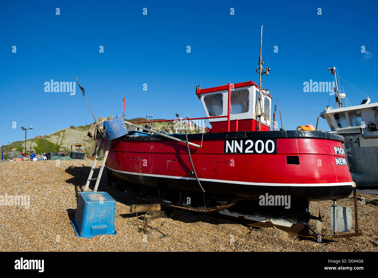 Ein Fischerboot auf dem Stade im alten Hastings. Stockfoto
