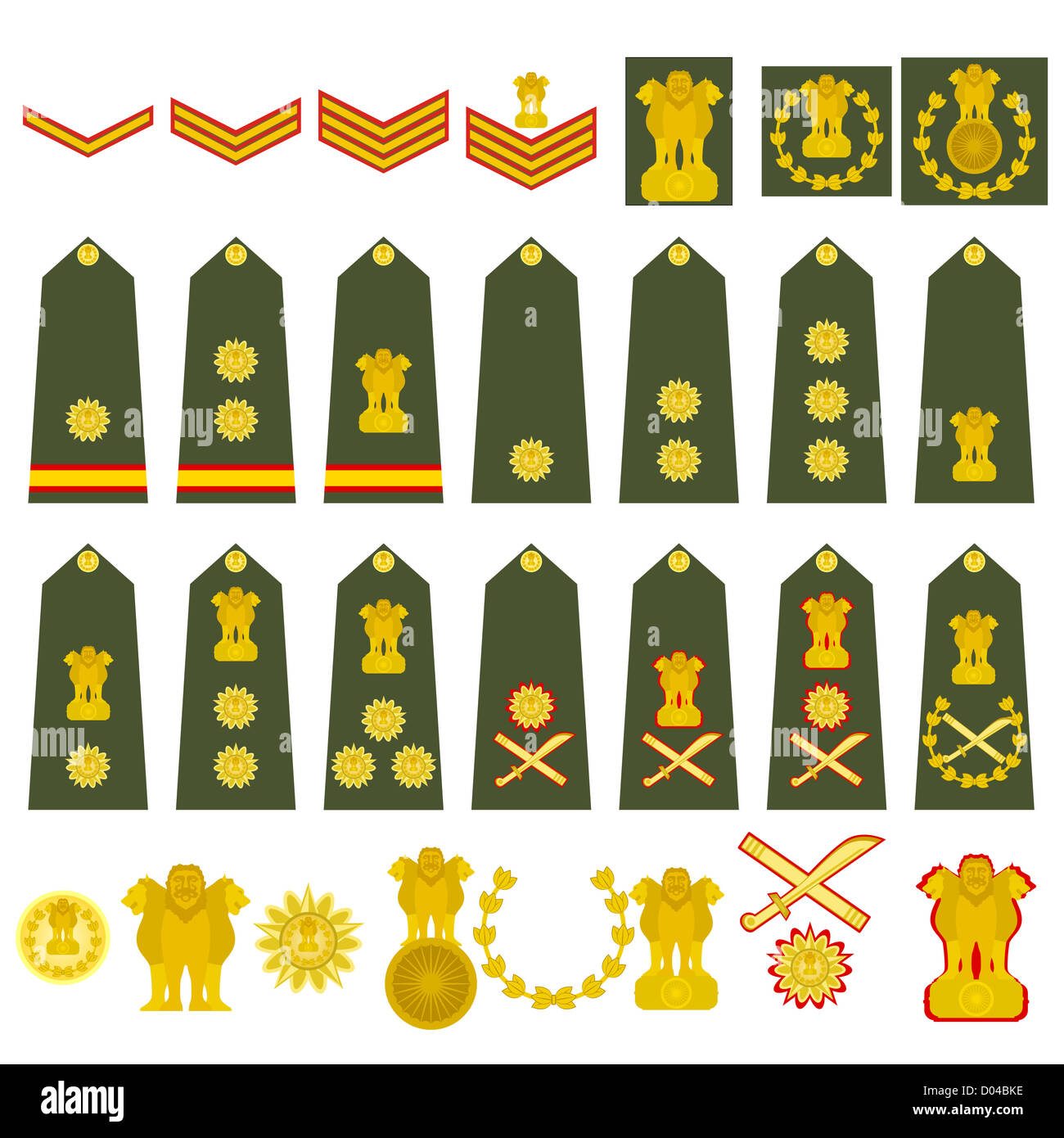 Epauletten, militärische Ränge und Abzeichen. Abbildung auf weißem Hintergrund. Stockfoto