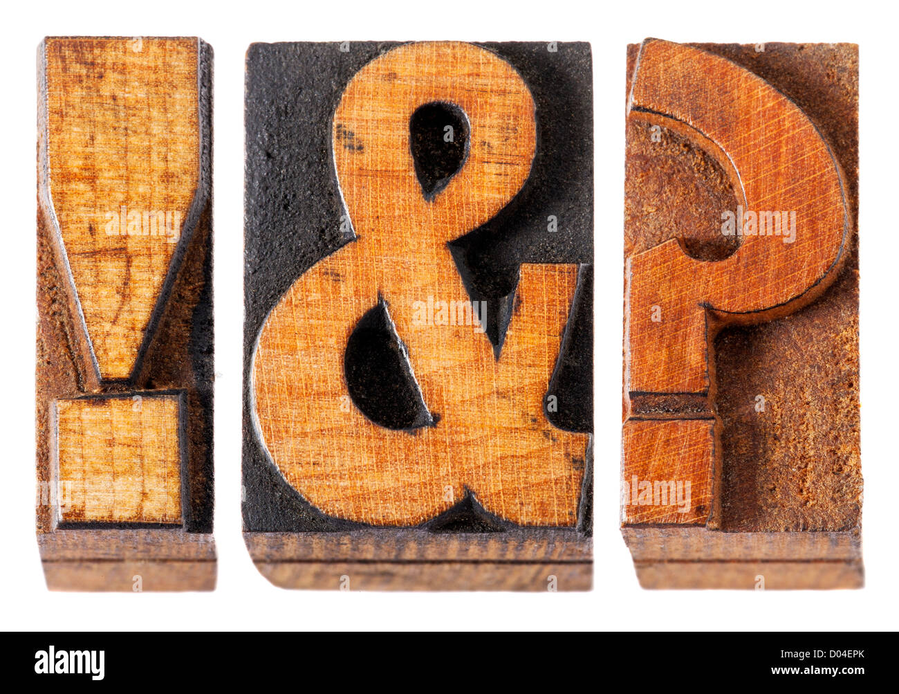 Ausrufezeichen, Fragezeichen und Ampersand - isoliert Vintage Buchdruck Holzart Blöcke Stockfoto