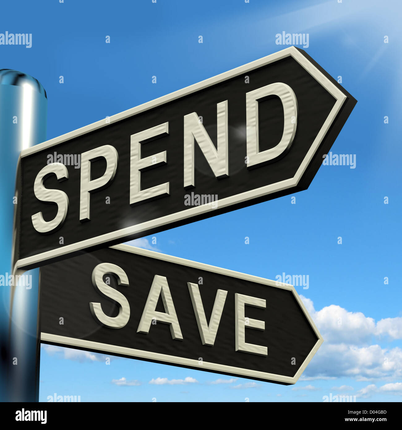 Ausgeben Sie oder sparen Sie Wegweiser zeigt Budget Finanz- und Ertragslage Stockfoto