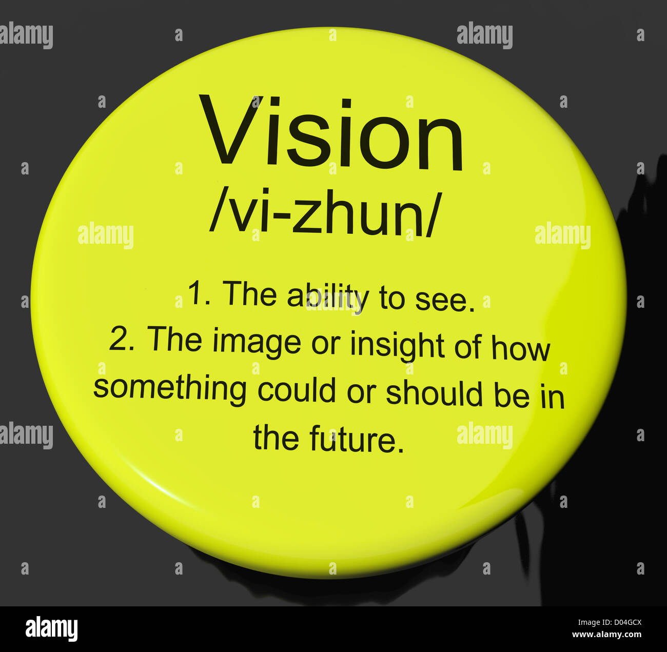 Vision-Definition-Taste zeigt Sehvermögen oder Ziele für die Zukunft Stockfoto