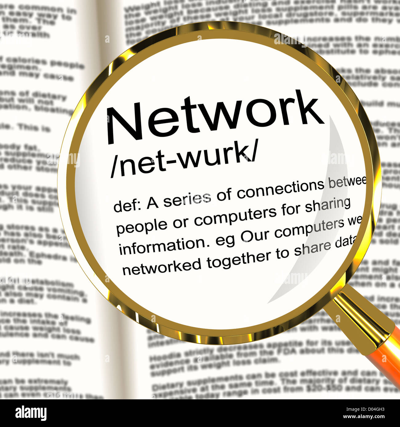 Netzwerk-Definition Lupe zeigt System von Computern oder Personen verbunden Stockfoto