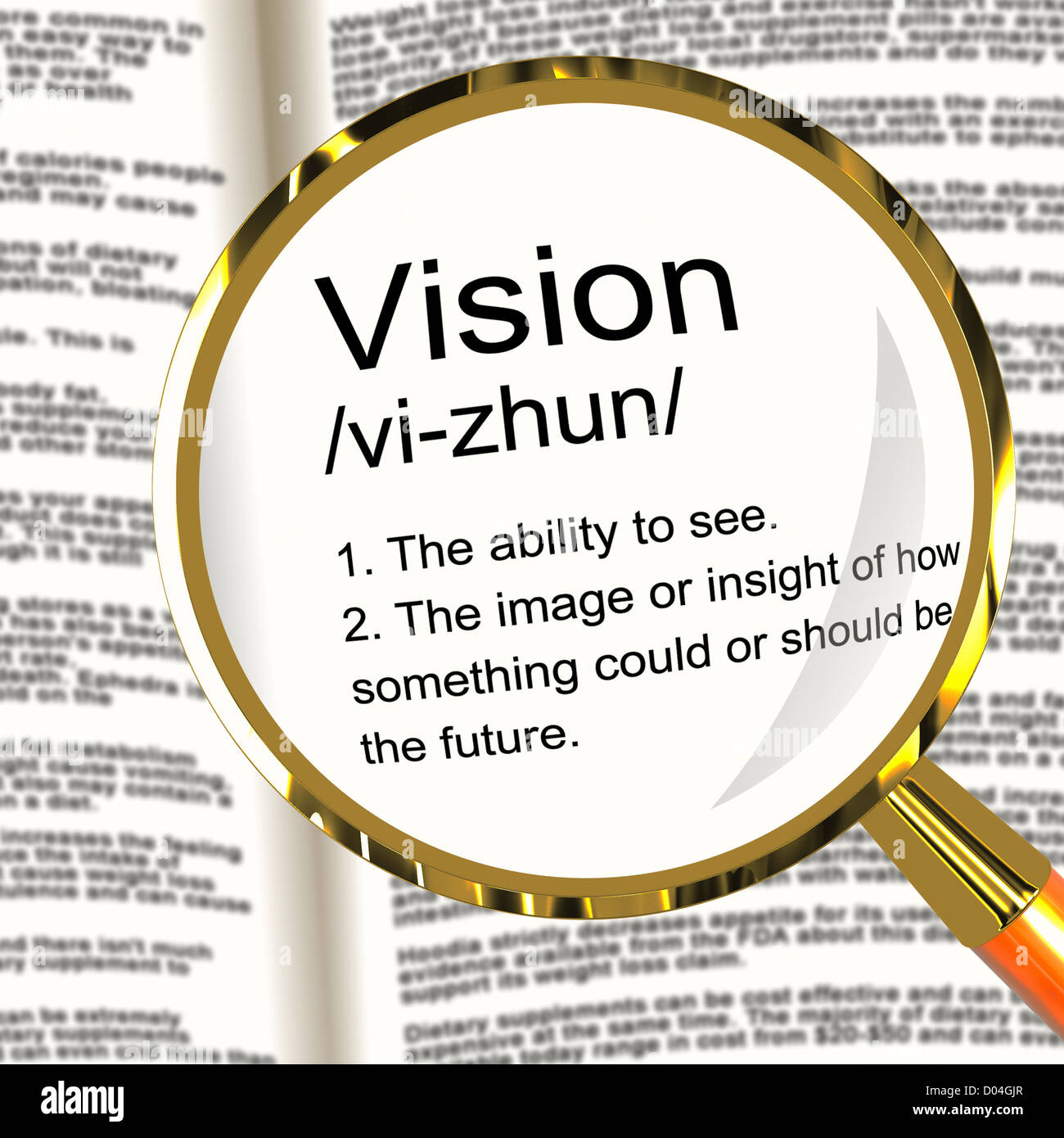Vision-Definition Lupe zeigt Sehvermögen oder Ziele für die Zukunft Stockfoto