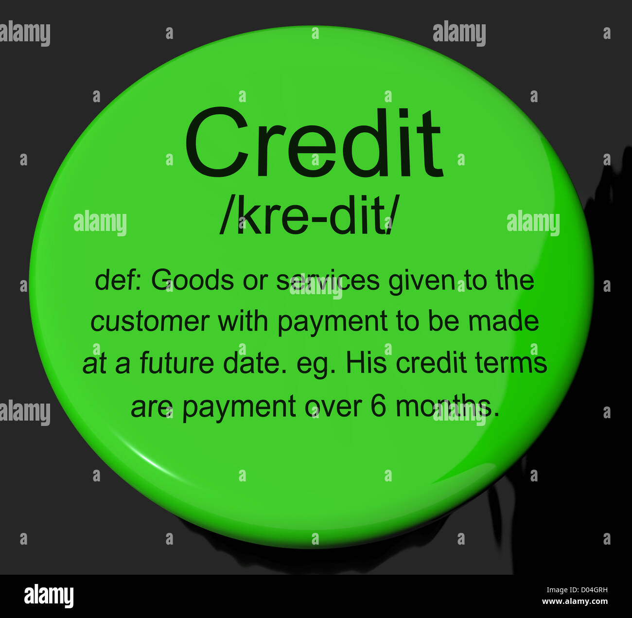 Kredit-Definition-Taste zeigt bargeldloses Bezahlen oder Darlehen Stockfoto