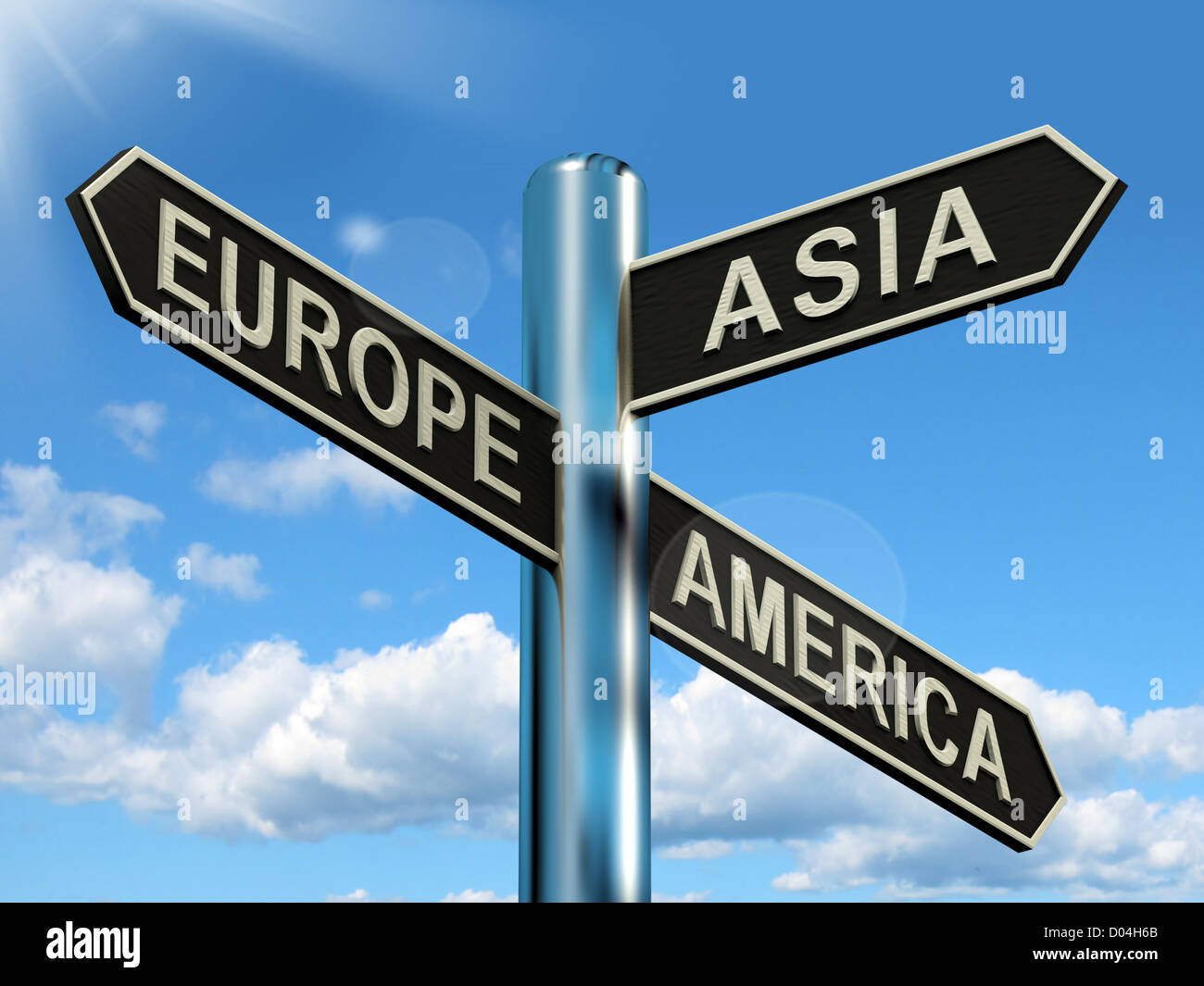 Europa-Asien-Amerika-Wegweiser zeigt Kontinenten für Reisen oder Tourismus Stockfoto