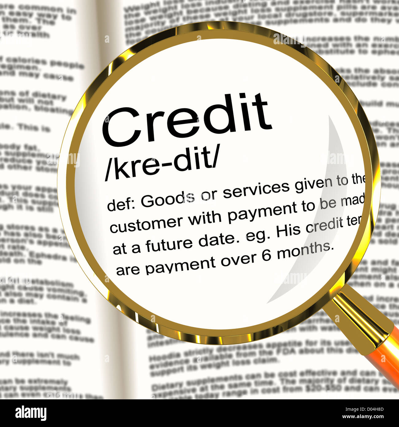Kredit Definition Lupe zeigt bargeldloses Bezahlen oder Darlehen Stockfoto