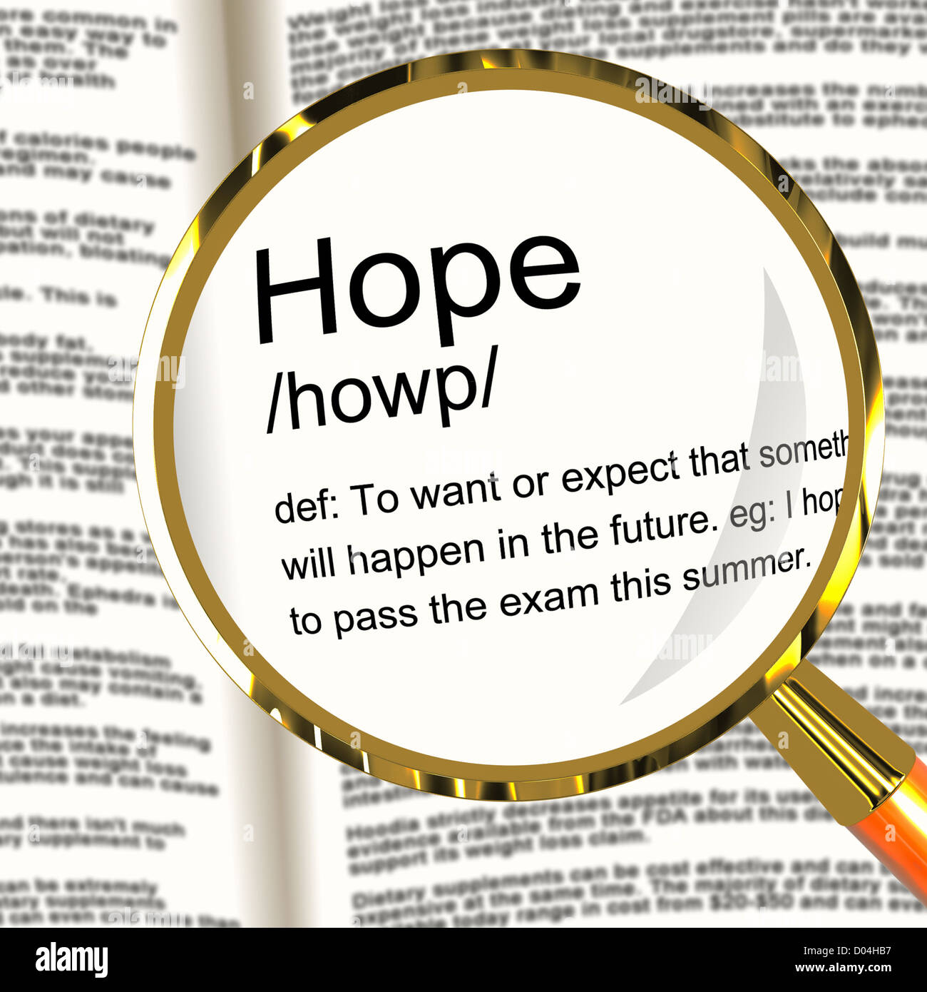 Hoffe Definition Lupe zeigt wünscht, Wünsche und Hoffnungen Stockfoto