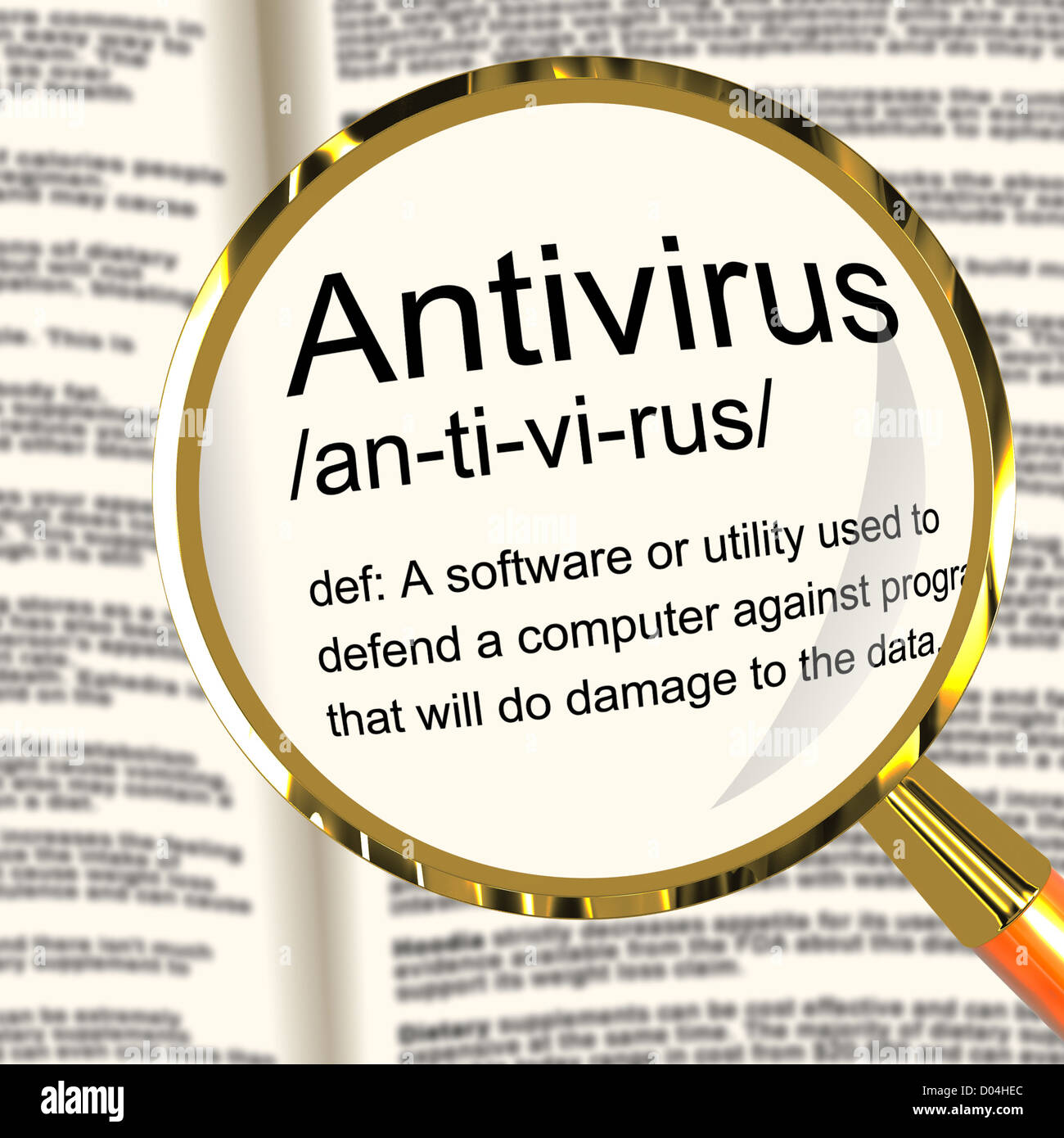 Antivirus-Definition Lupe zeigt Computer-System-Sicherheit Stockfoto