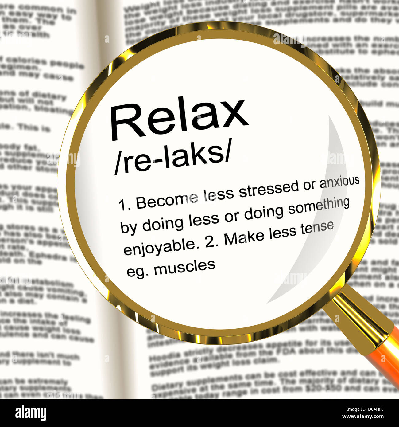 Entspannen Sie sich Definition Lupe zeigt weniger Stress und angespannt Stockfoto