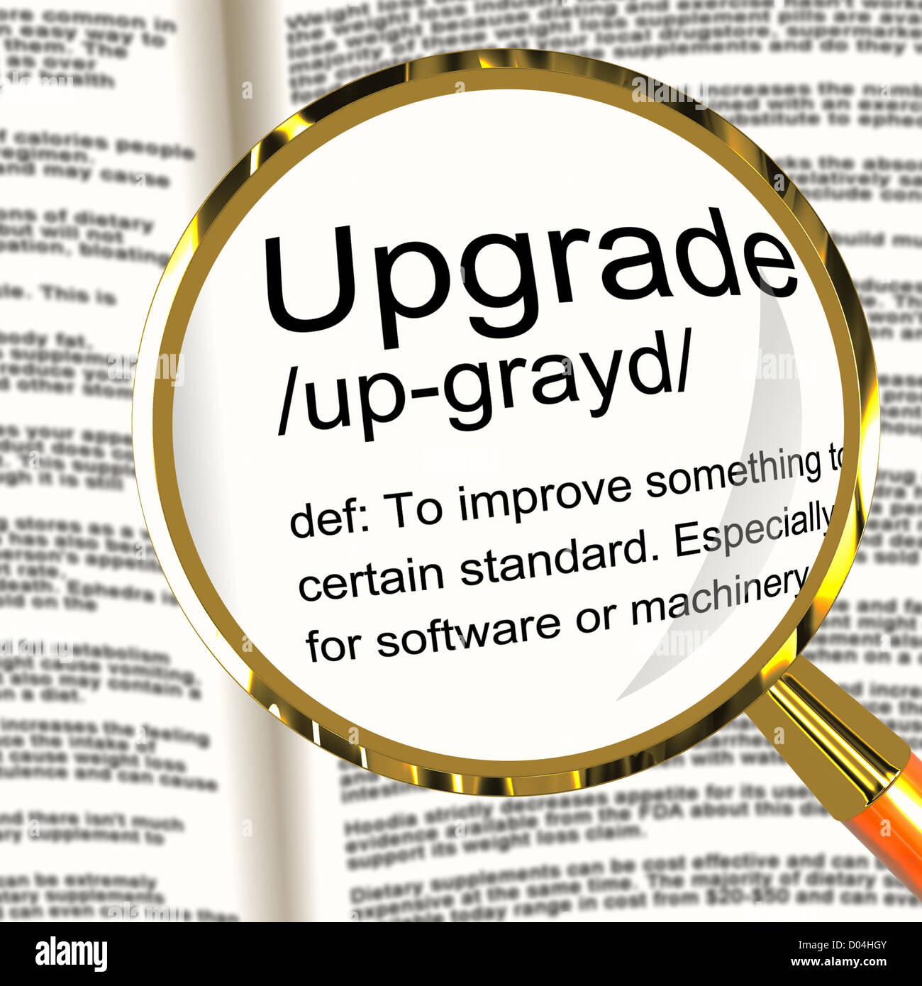 Upgradedefinition Lupe zeigt Software-Aktualisierung oder Installation Fix Stockfoto