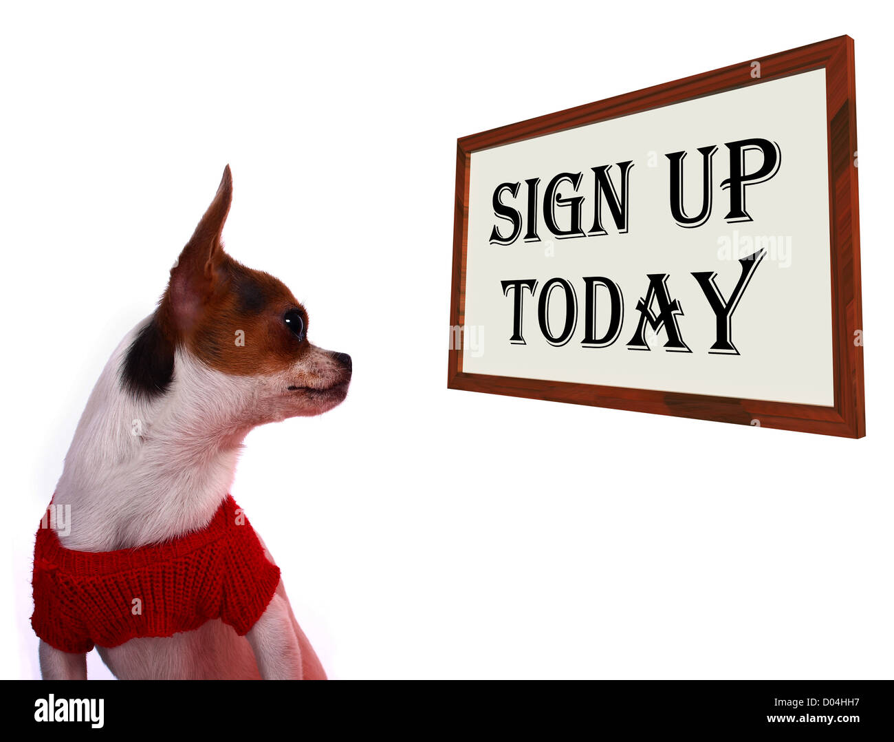 Melden Sie sich heute zeigt Zeichen Registrierung für Hund Website Stockfoto