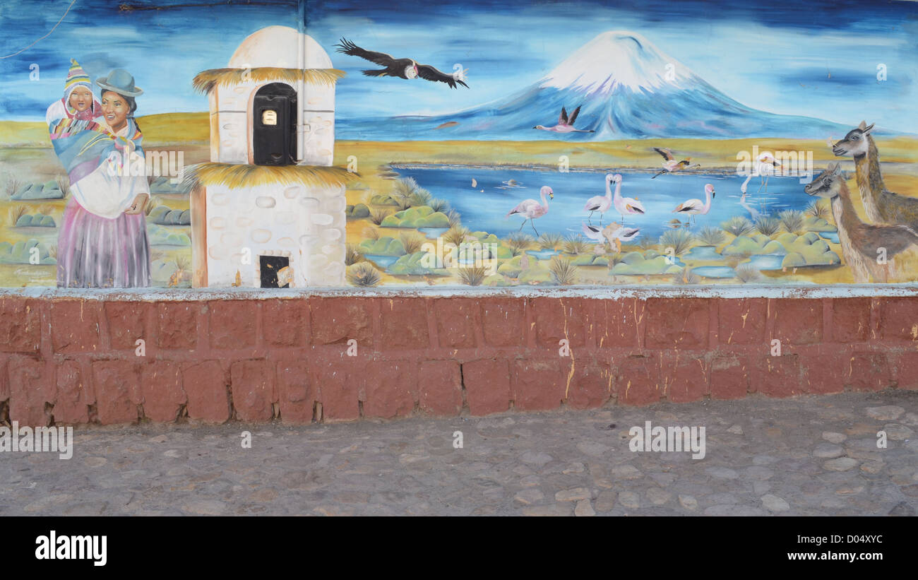 Wandbild das Leben der Anden auf einer Wand in der Stadt von Putre, in der Nähe von Nationalpark Lauca, Chile Stockfoto