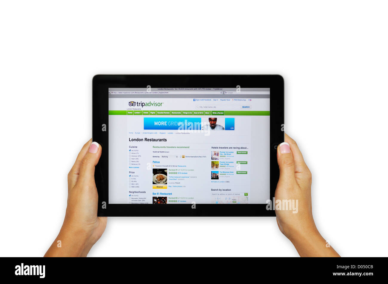 iPad-Bildschirm zeigt Trip Advisor-Website - Online-Restaurant-Empfehlungen Stockfoto