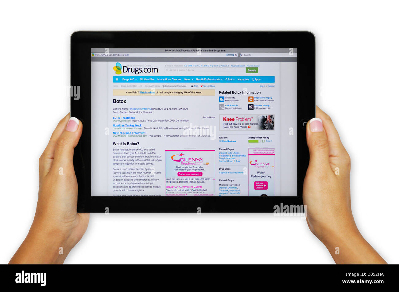 iPad-Bildschirm zeigt Drugs.com Website - Online-Arzneimittelinformation Stockfoto