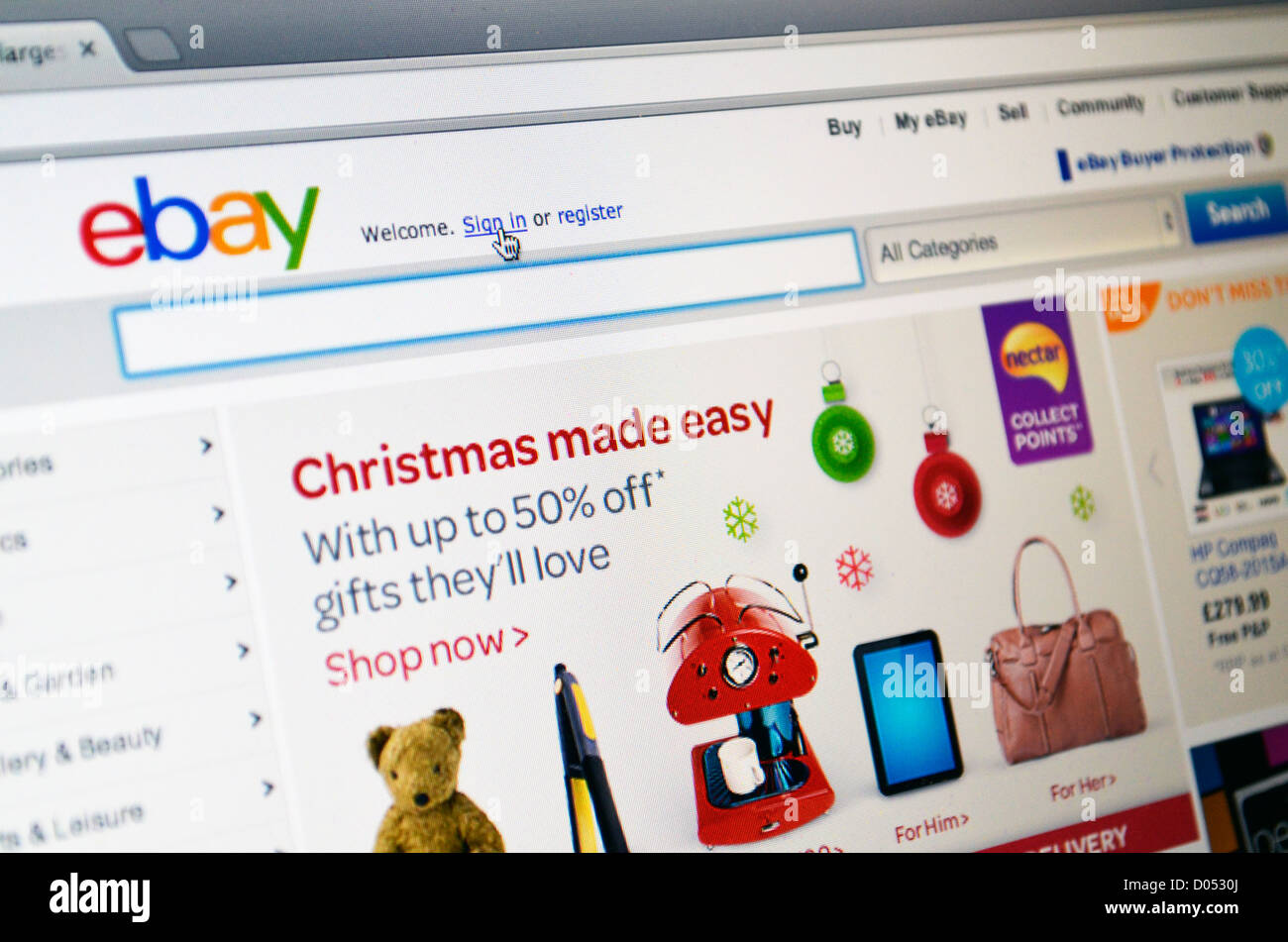 eBay Startseite anmelden während der Weihnachtszeit Stockfoto