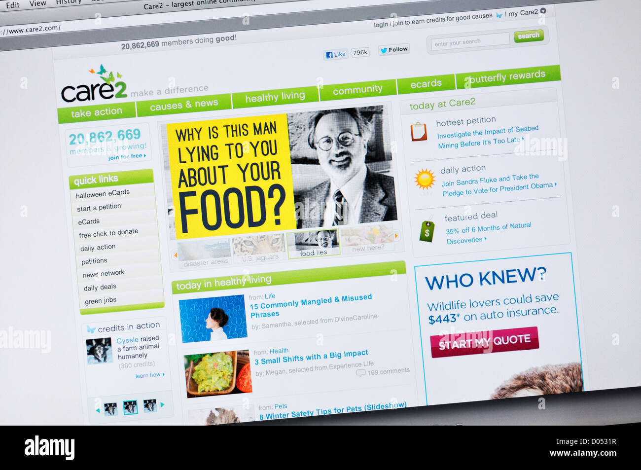 Care2 Website - online-Community, die Menschen zu einen gesunden und grünen Lebensstil führen befähigen Stockfoto