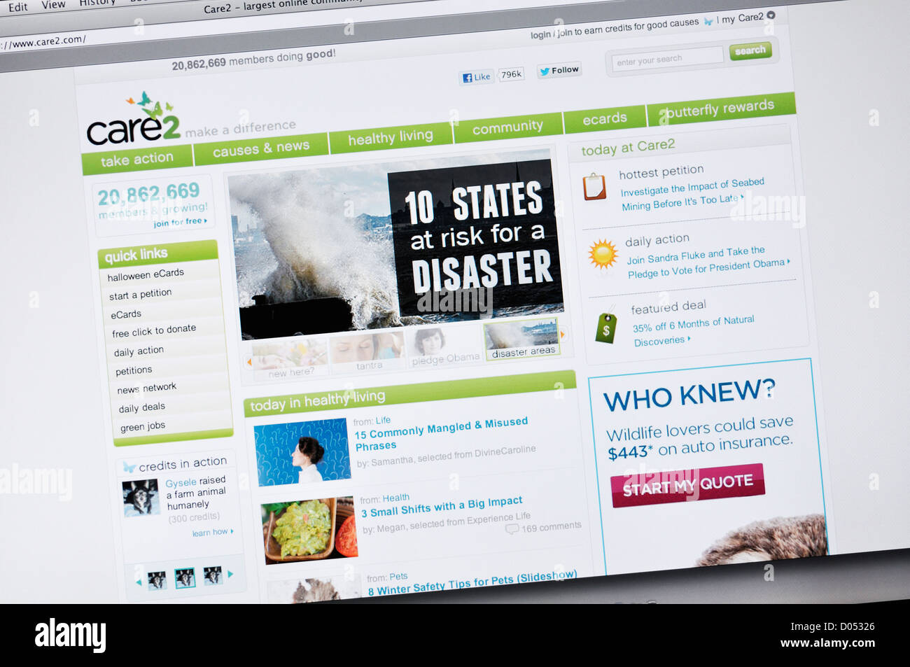 Care2 Website - online-Community, die Menschen zu einen gesunden und grünen Lebensstil führen befähigen Stockfoto