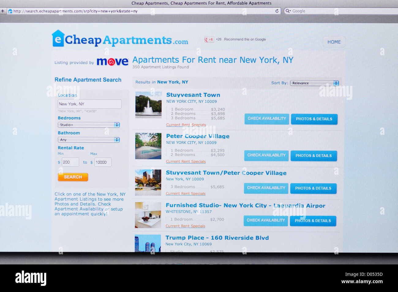 eCheapApartments Webseite - kurzfristige Vermietung von Ferienwohnungen Stockfoto