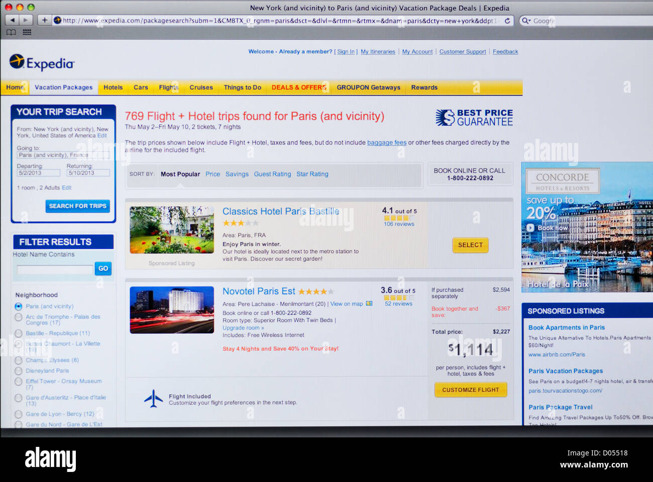 Expedia-Webseite - Online-Reiseplanung Stockfoto