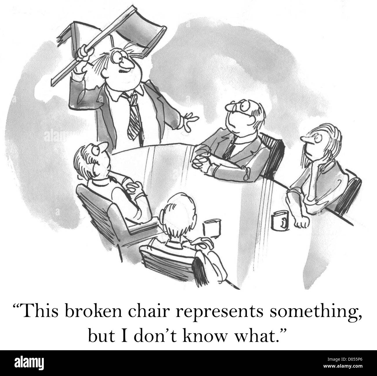"Dieser gebrochenen Stuhl steht für etwas, aber ich weiß nicht, was." Stockfoto
