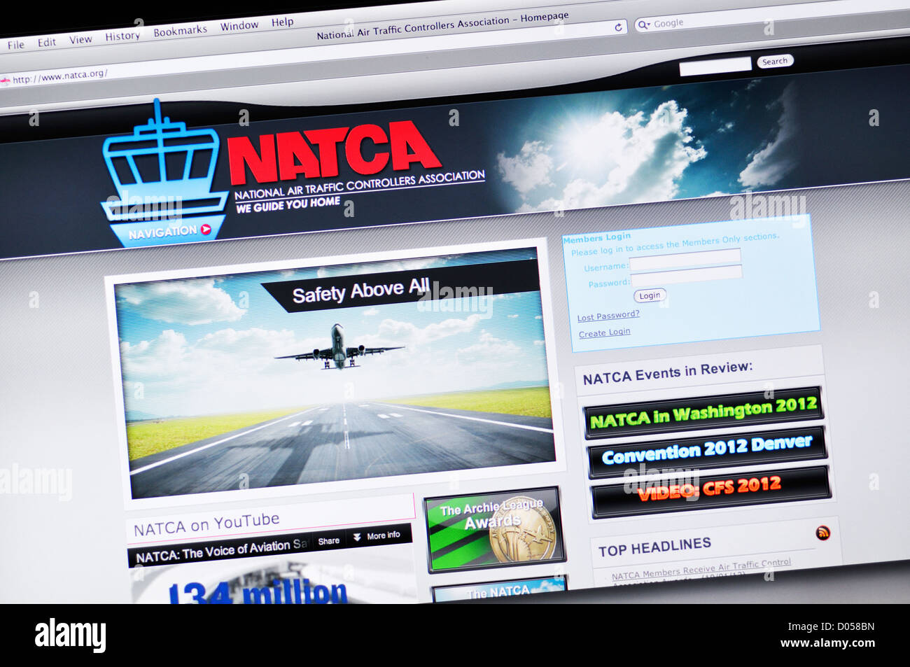 Die National Air Traffic Controller Association (NATCA) website Stockfoto