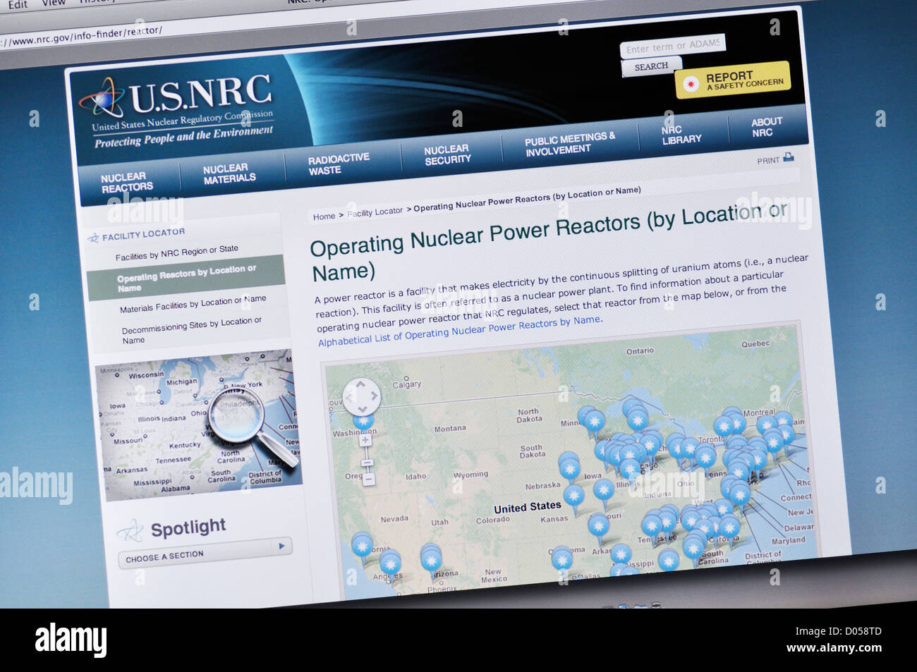 Nuclear Regulatory Commission Website - Nuclear Power Plant Karte Stockfoto