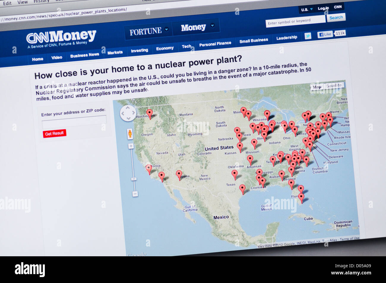 CNN Money-Website - AKW-Standorten in den Vereinigten Staaten Stockfoto