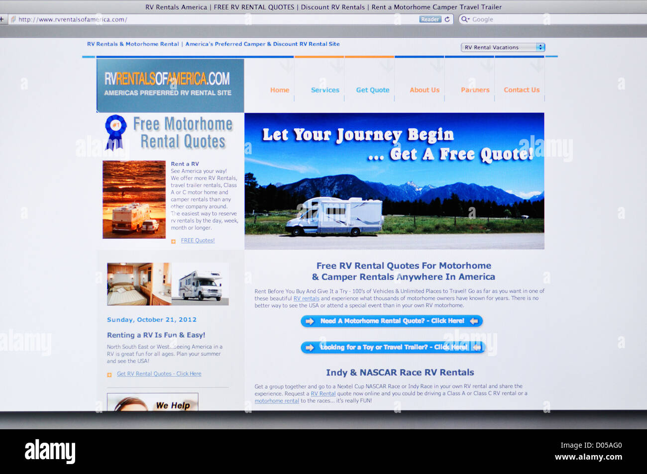 Website der RV Rentals of America Stockfoto