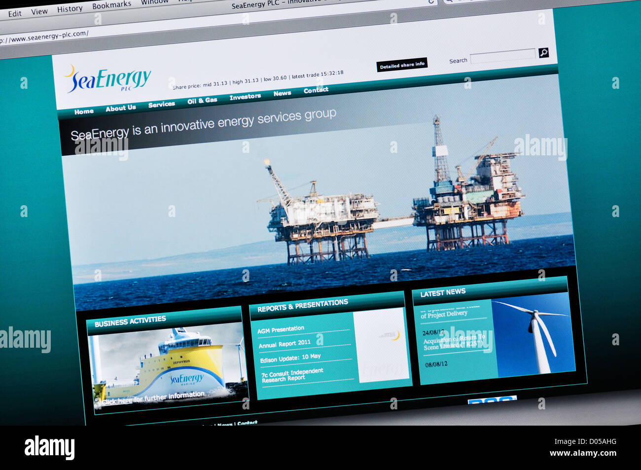 Website für Sea Energy - innovative Energiedienstleistungen Stockfoto