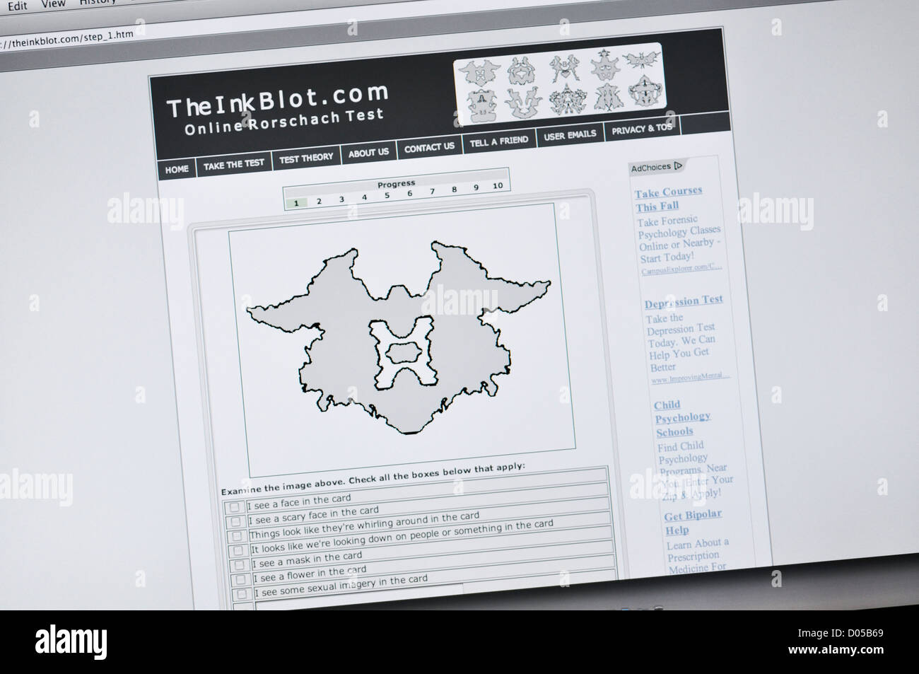 Die Tinte Blot Website - Online-Rorschach-test Stockfoto