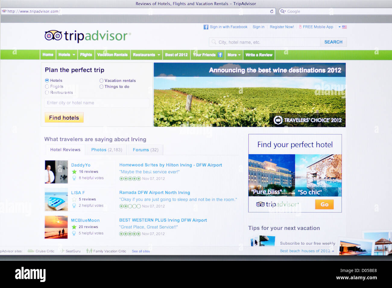 Trip Advisor-Website - Online-Reise-arrangements Stockfoto