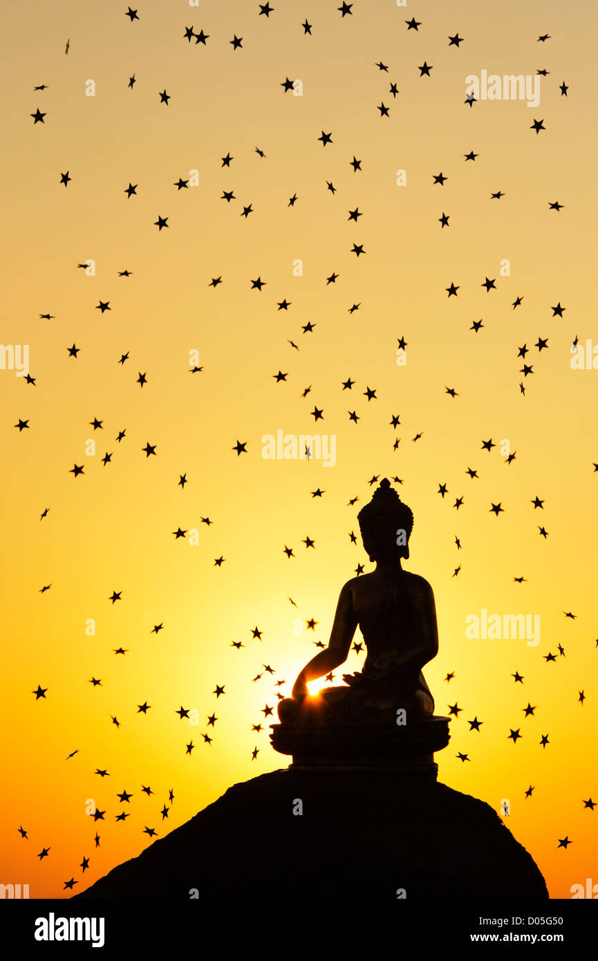 Buddha-Statue vor einer untergehenden Sonne und Sternschnuppen. Silhouette Stockfoto