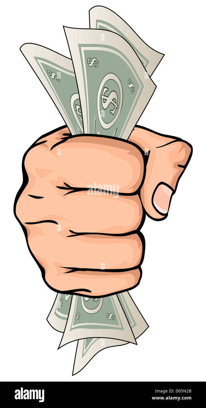 Eine Zeichnung von einer Hand mit Papiergeld Geld mit Dollar-Zeichen Stockfoto